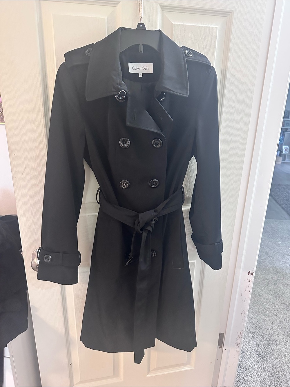 Calvin Klein Black Double-Breasted Trench Coat with Waist Tie